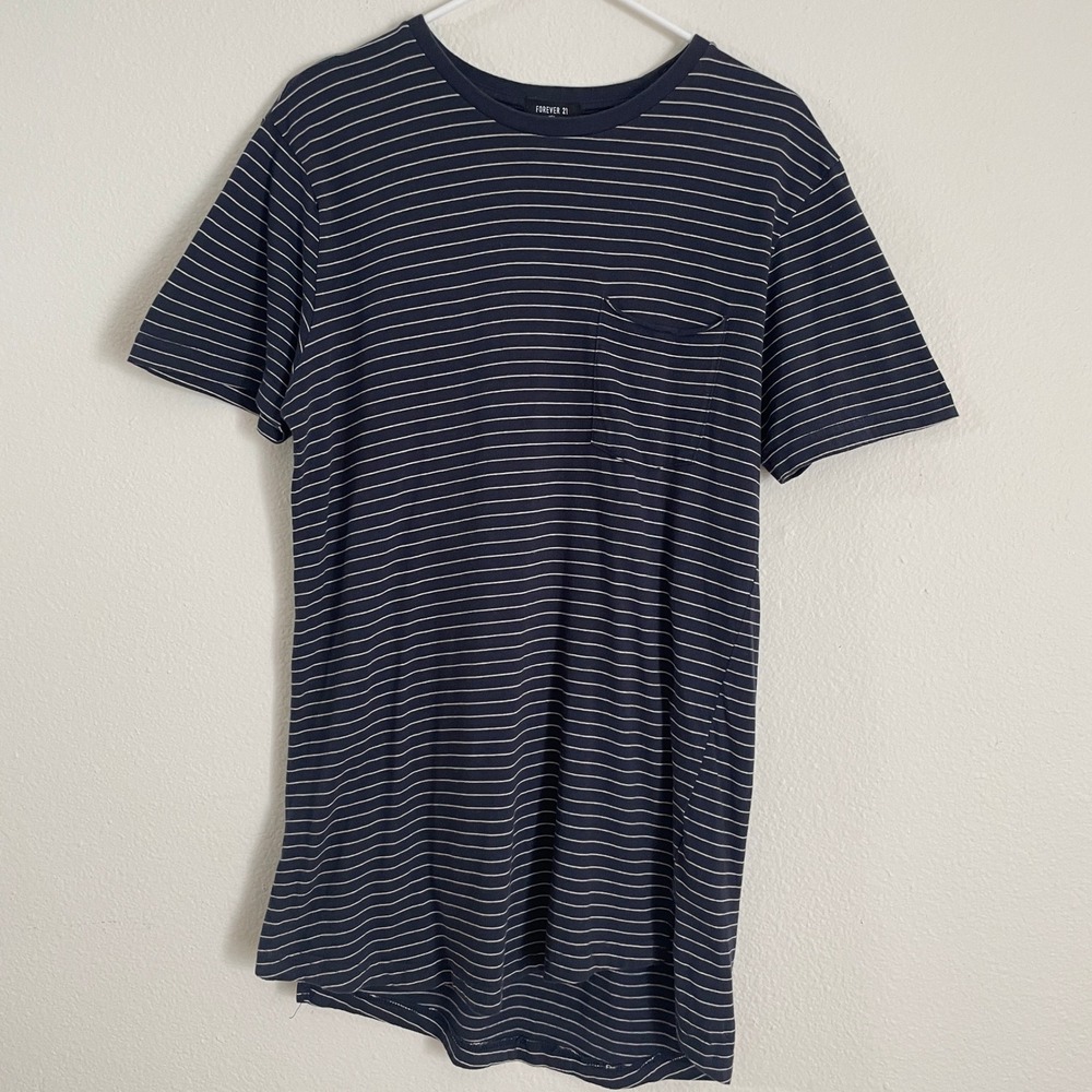 Forever 21 Men Navy Blue White Striped Longline Pocket T-Shirt M Preppy Indie